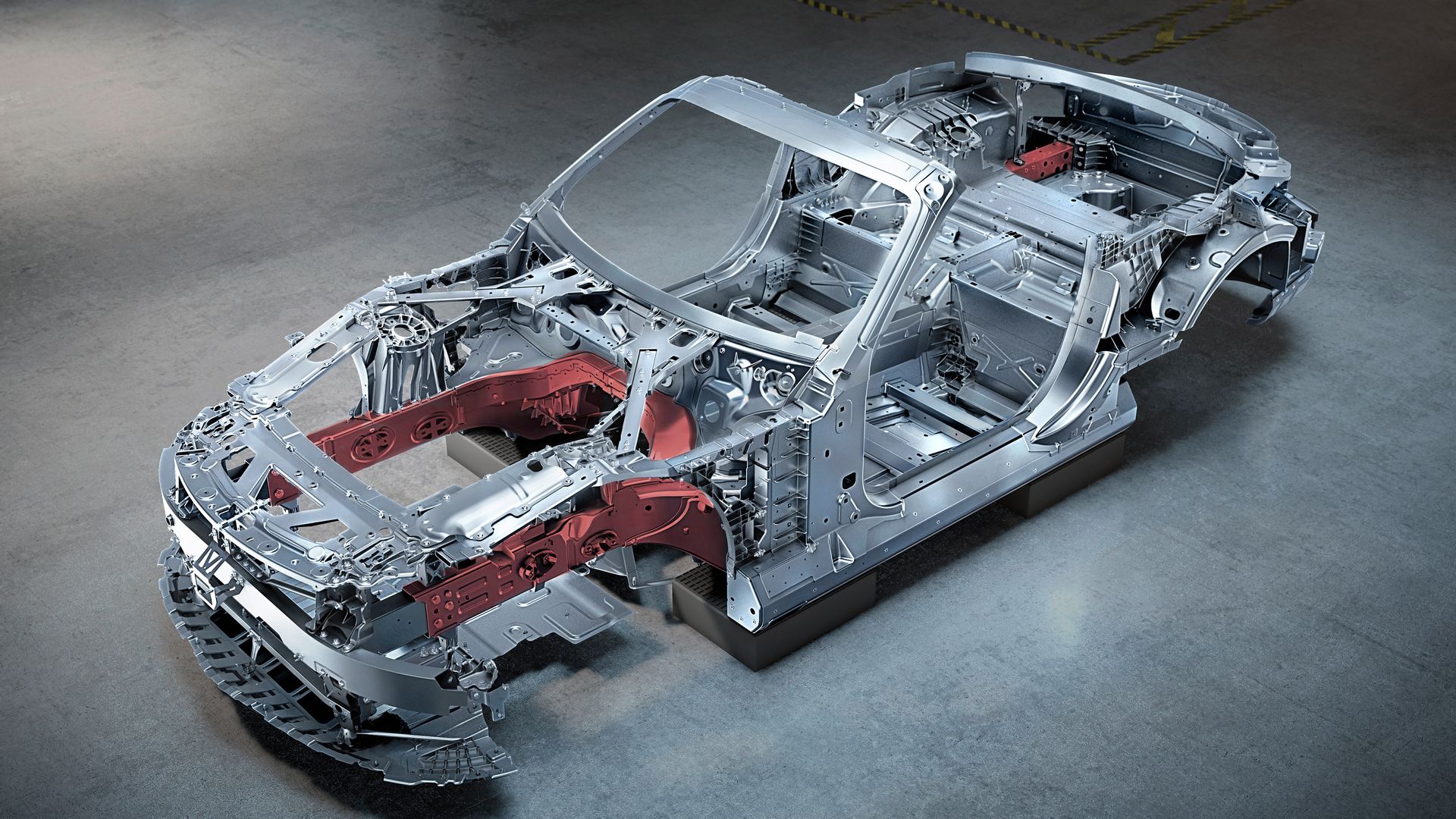 Кузов Mercedes-AMG SL, красным отмечены передние и задние лонжероны