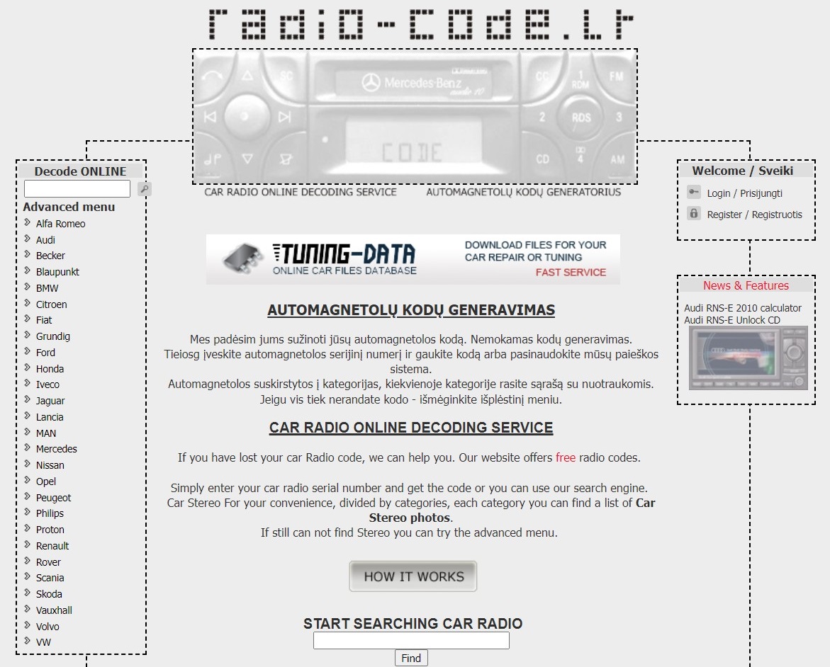 Главная страница сайта Radio-code.lt